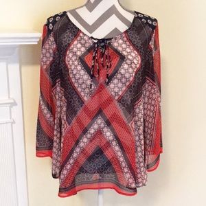 🚨CLOSET CLOSING🚨 New Directions Sheer Boho Red/White/Blue Top